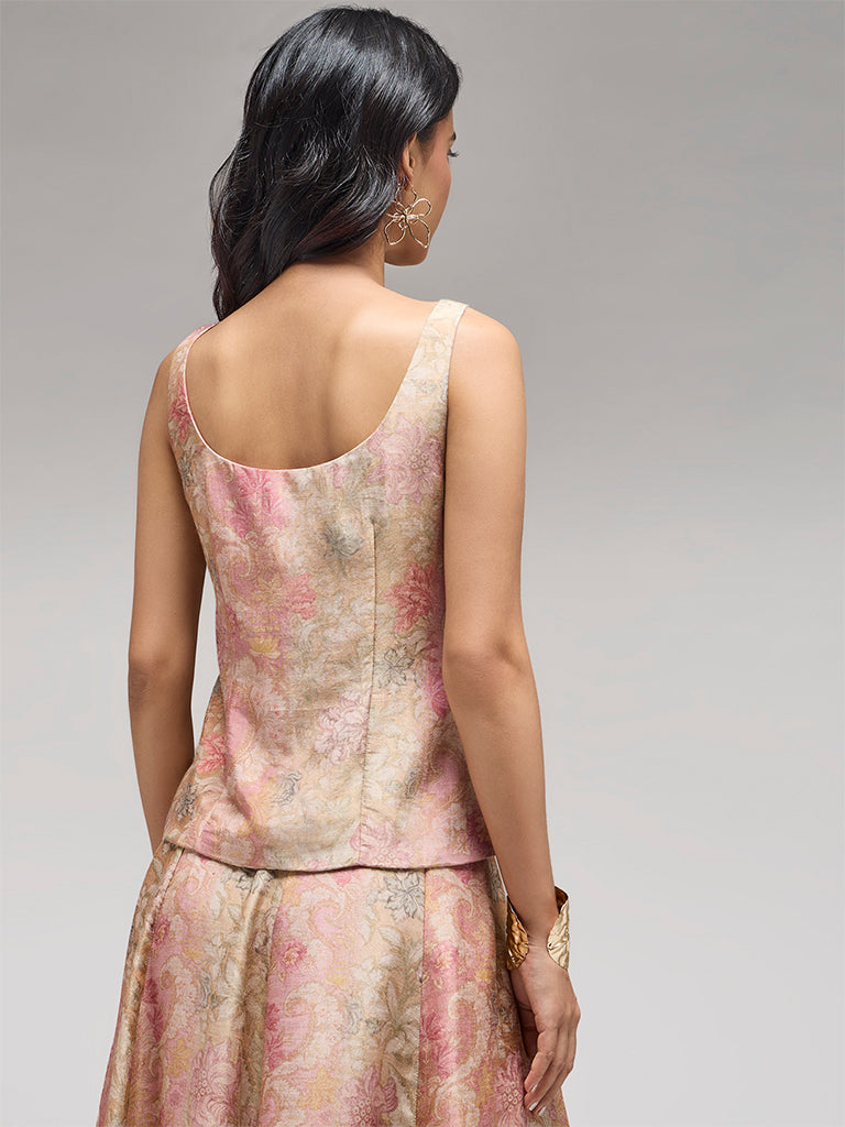 Floral Printed Zip-Front Top – Pink