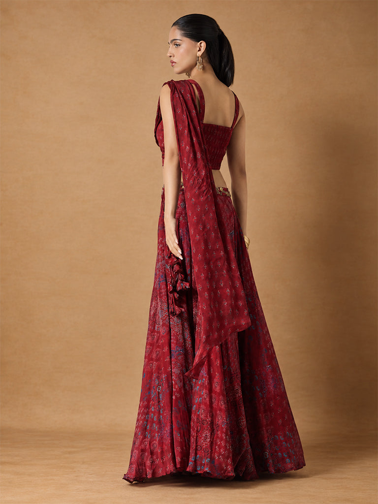 Samoh Printed Blouse with Attached Pallu - Maroon