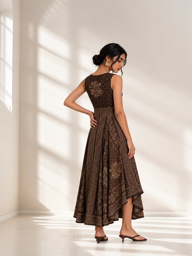 Samoh Printed Asymmetrical Dress - Dark Brown