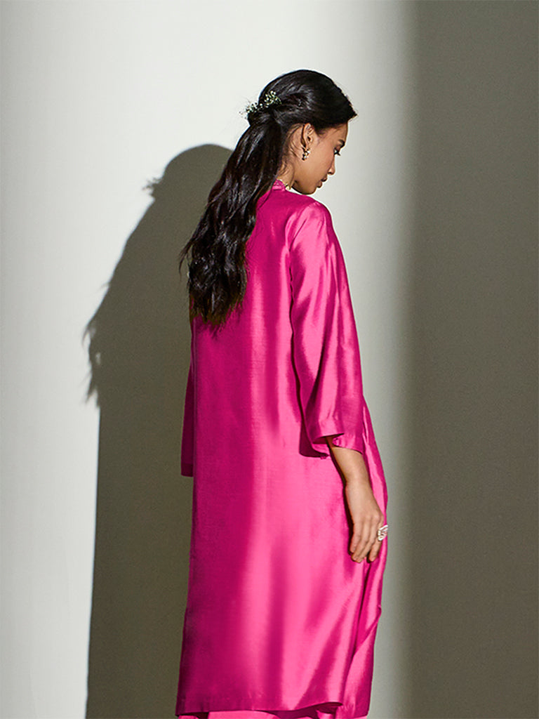 Pintuck-Detail Kurta Set – Lime Fuchsia