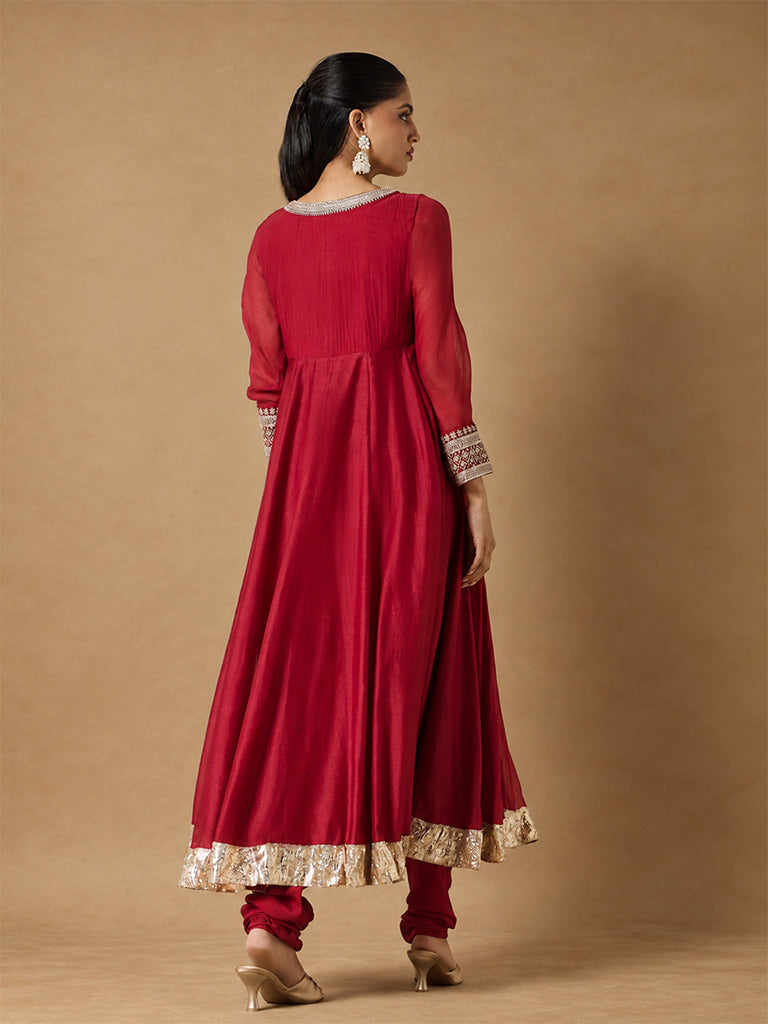 Samoh Flared Anarkali Kurta Set with Dupatta – Red