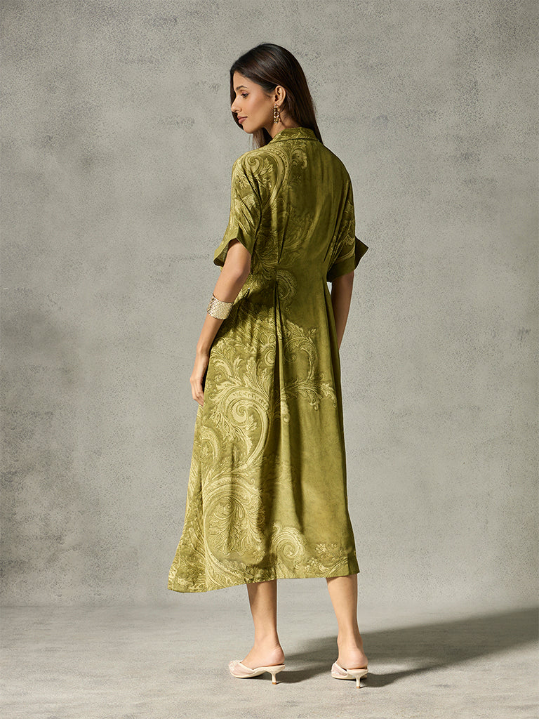 Paisley Printed Midi Dress - Olive