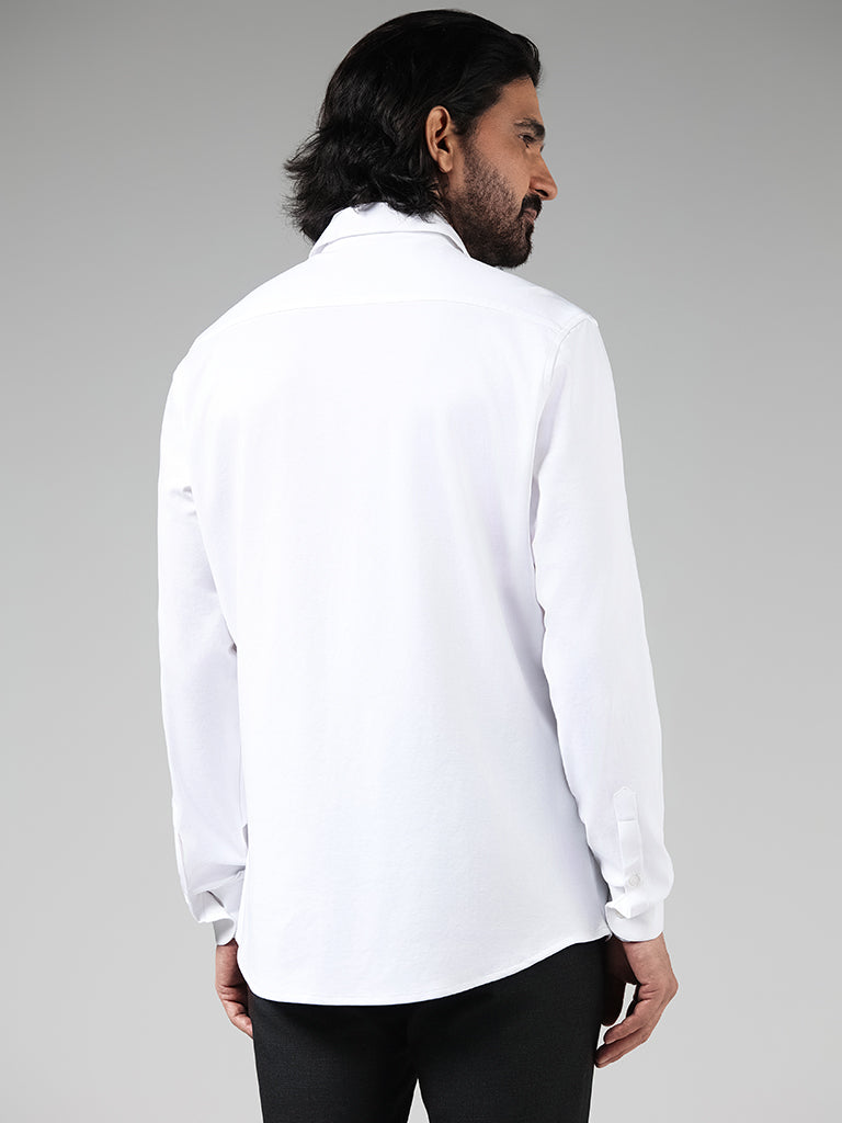 Westside WES Formals Men's Solid White Cotton-Blend Slim-Fit Shirt for Work Wear Back View