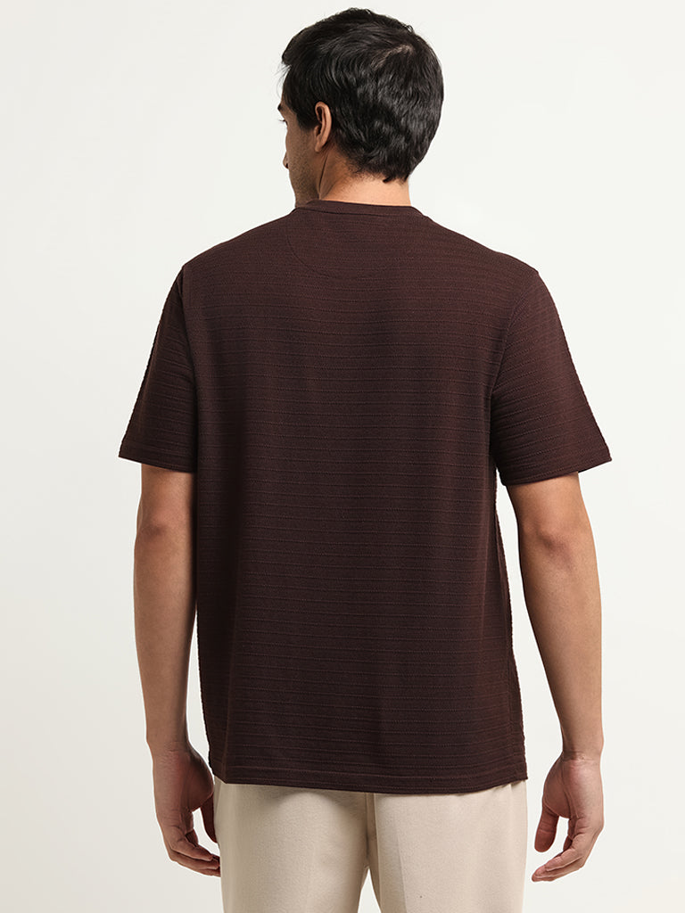 Westside WES Lounge Men's Brown Textured Relaxed Fit Linen-Blend T-Shirt for Casual Wear Back View