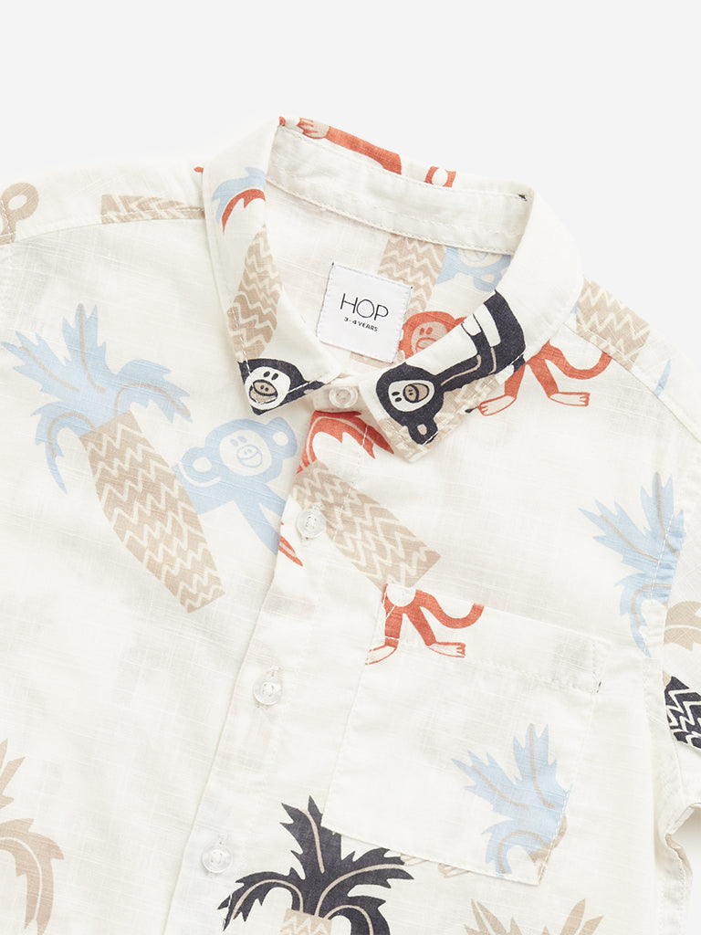 Westside HOP Kids Beige Monkey Printed Cotton Shirt for Casual Wear Zoomed View