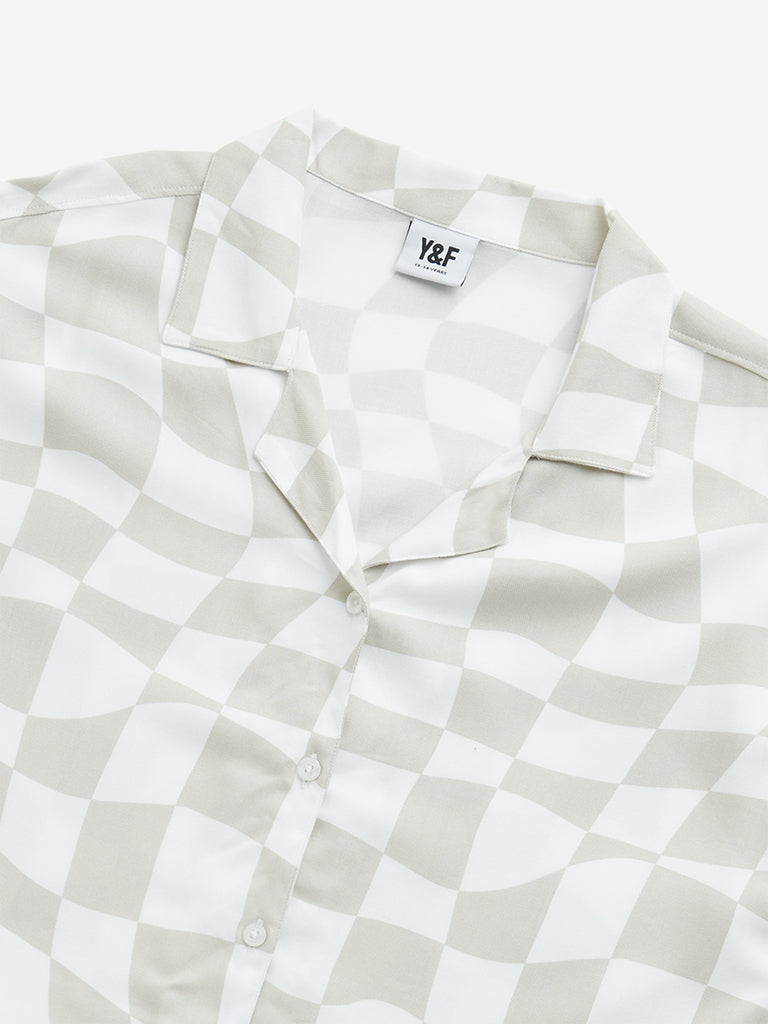 Westside Y&F Girl's Beige Checkered Print Cotton Cropped Shirt for Casual Wear Zoomed View