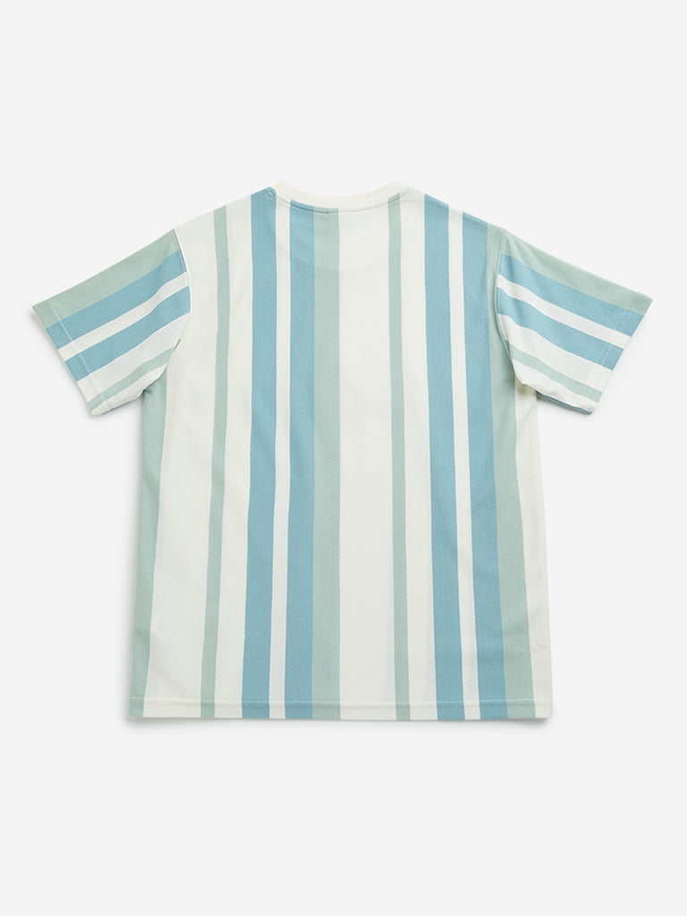 Westside Y&F Boy's Off-White Striped Cotton T-Shirt for Casual Wear Back View