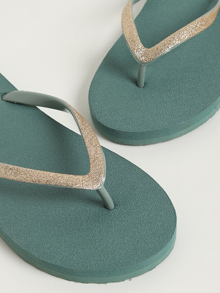 Westside LUNA BLU Women's Dark Green Shimmer-Detailed Flip-Flops Zoomed View