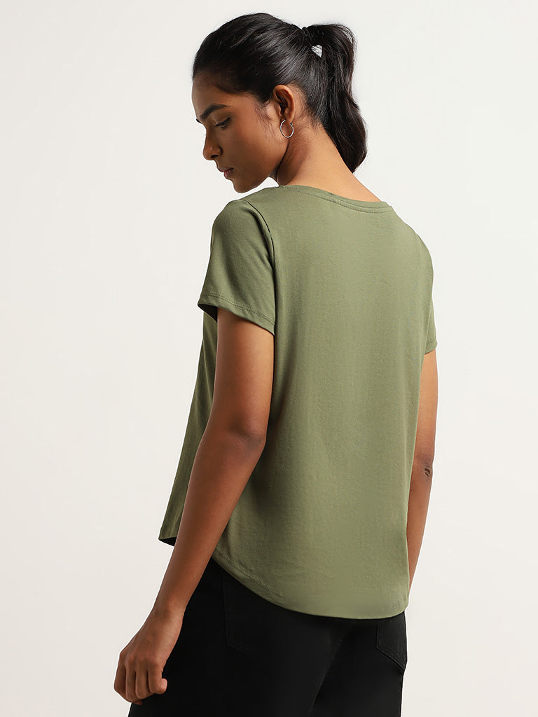 LOV Green Printed Cotton T-Shirt