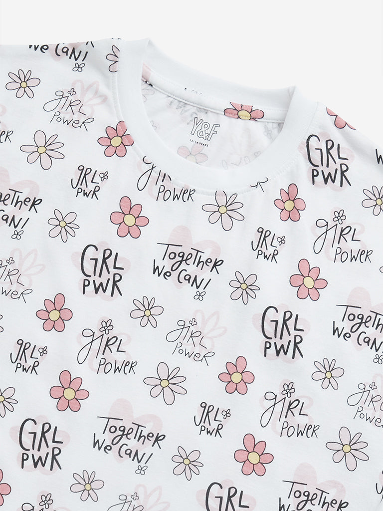 Westside Y&F Girl's White Floral Printed Cotton T-Shirt for Casual Wear Zoomed View