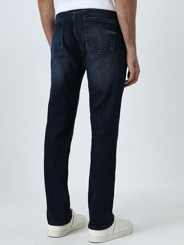 Westside WES Casuals Men's Dark Blue Faded Slim-Fit Mid-Rise Jeans for Casual Wear Back View