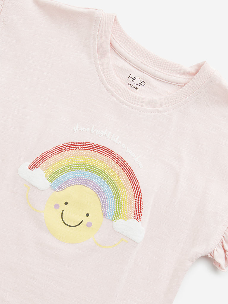 Westside HOP Kids Light Pink Rainbow Embellished Cotton T-Shirt for Casual Wear Zoomed View