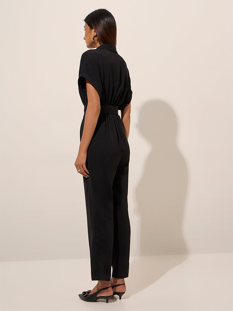 Westside Wardrobe Women's Black Solid Jumpsuit with Belt for Work Wear Back View