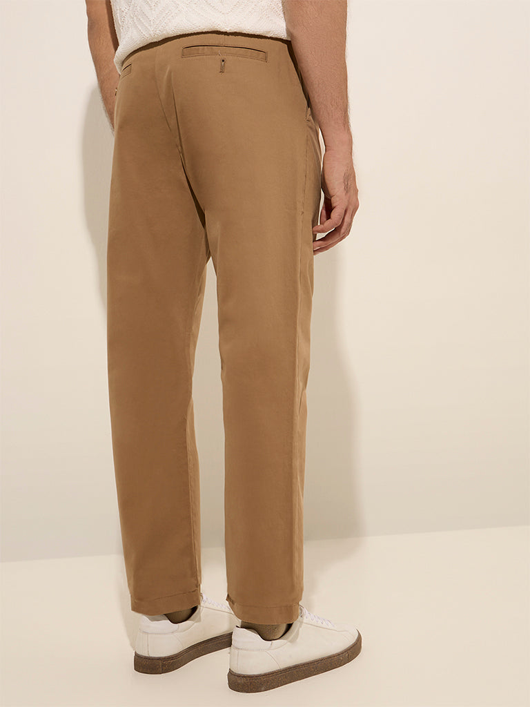 Westside Ascot Men's Taupe Solid Relaxed-Fit Mid-Rise Cotton-Blend Chinos for Casual Wear Back View