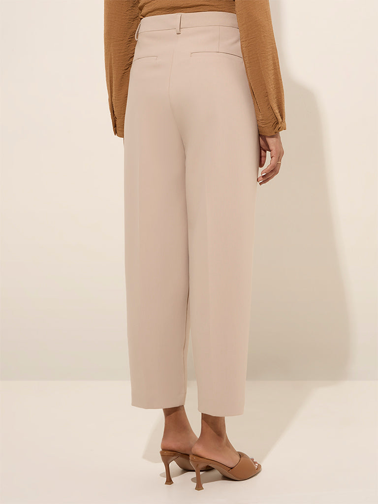 Westside Wardrobe Women's Beige High-Rise Trousers for Work Wear Back View