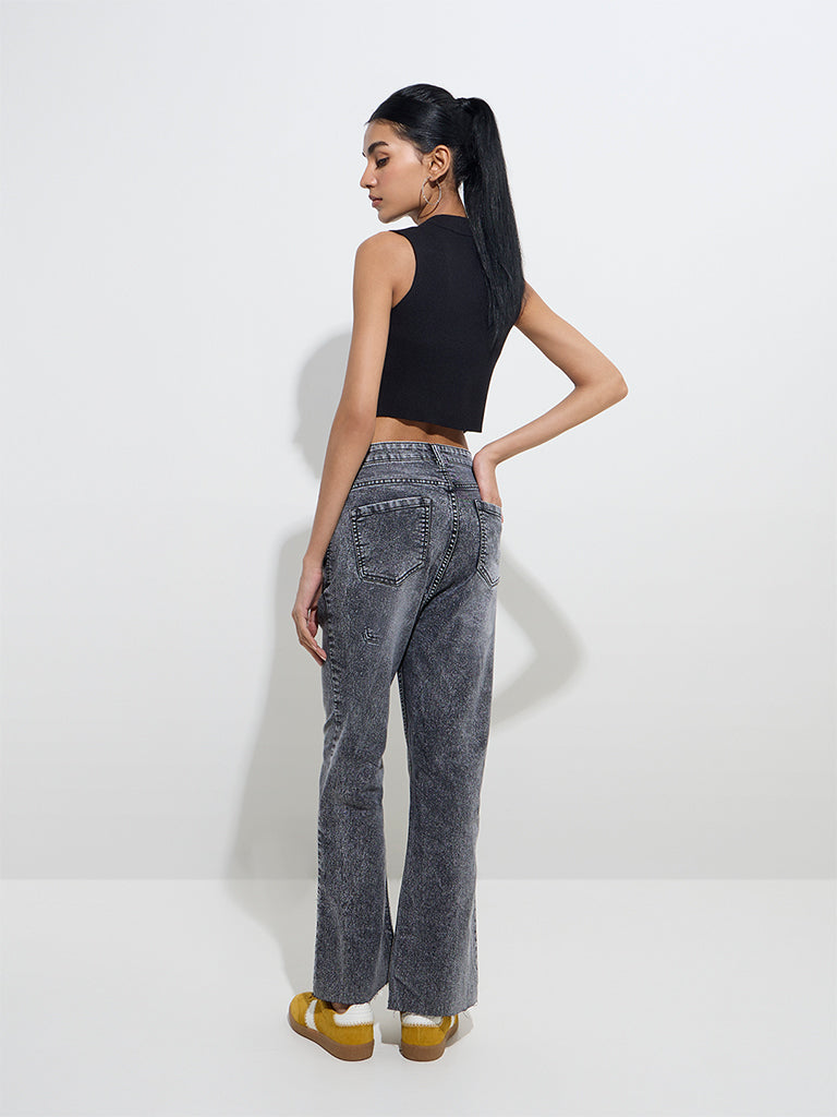 Westside Nuon Women's Grey Washed Straight-Fit High-Rise Jeans for Casual Wear Back View