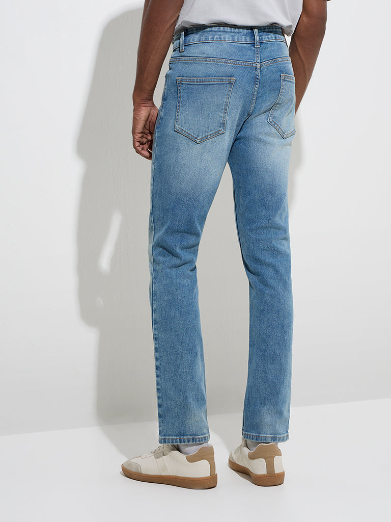 Westside WES Casuals Men's Blue Washed Slim-Fit Mid-Rise Jeans for Casual Wear Back View