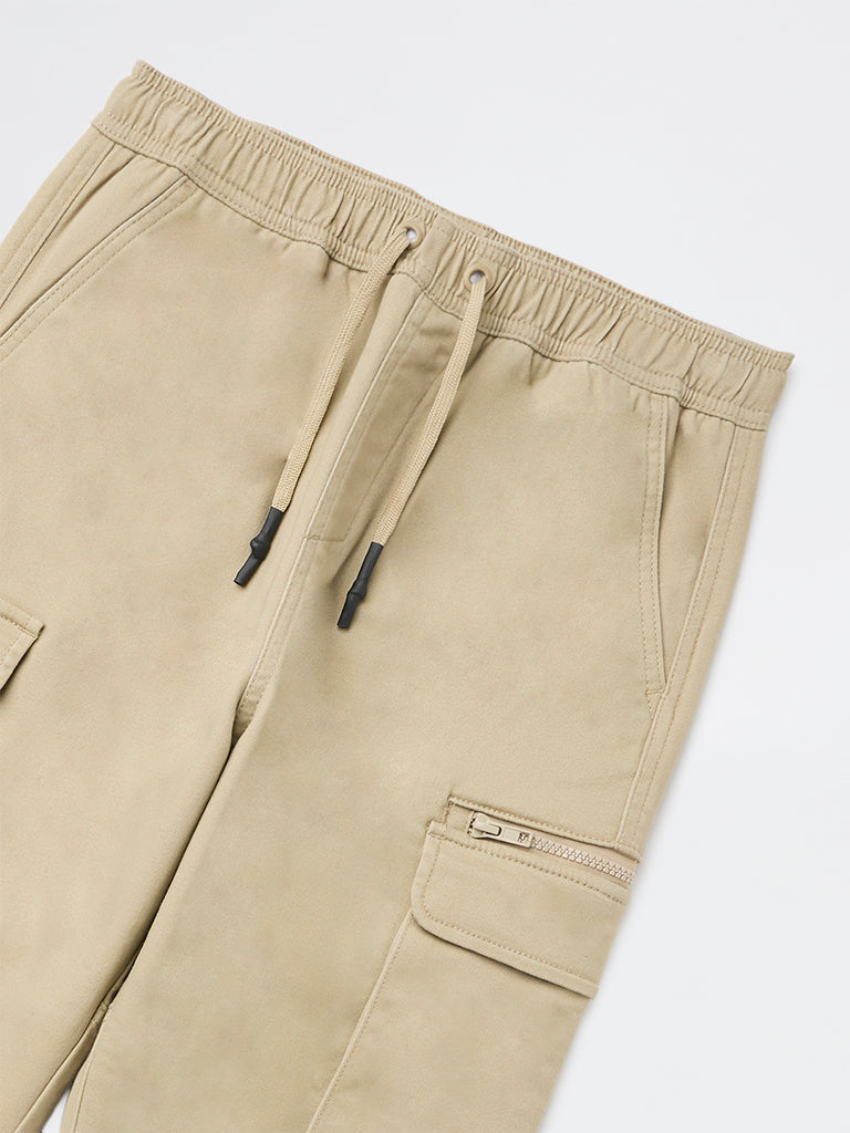 Boys Beige Cargo-Style Mid-Rise Cotton-Blend Joggers