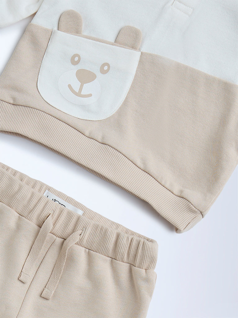 Westside HOP Baby Boys Beige Animal Printed Cotton Sweatshirt with Joggers Set for Winter Wear Zoomed View