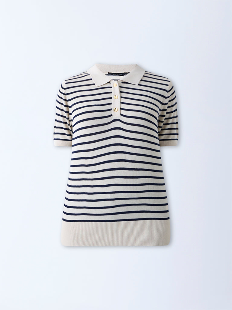 Westside Wardrobe Women's Beige Stripe Knitted Polo T-Shirt for Work Wear Flatly
