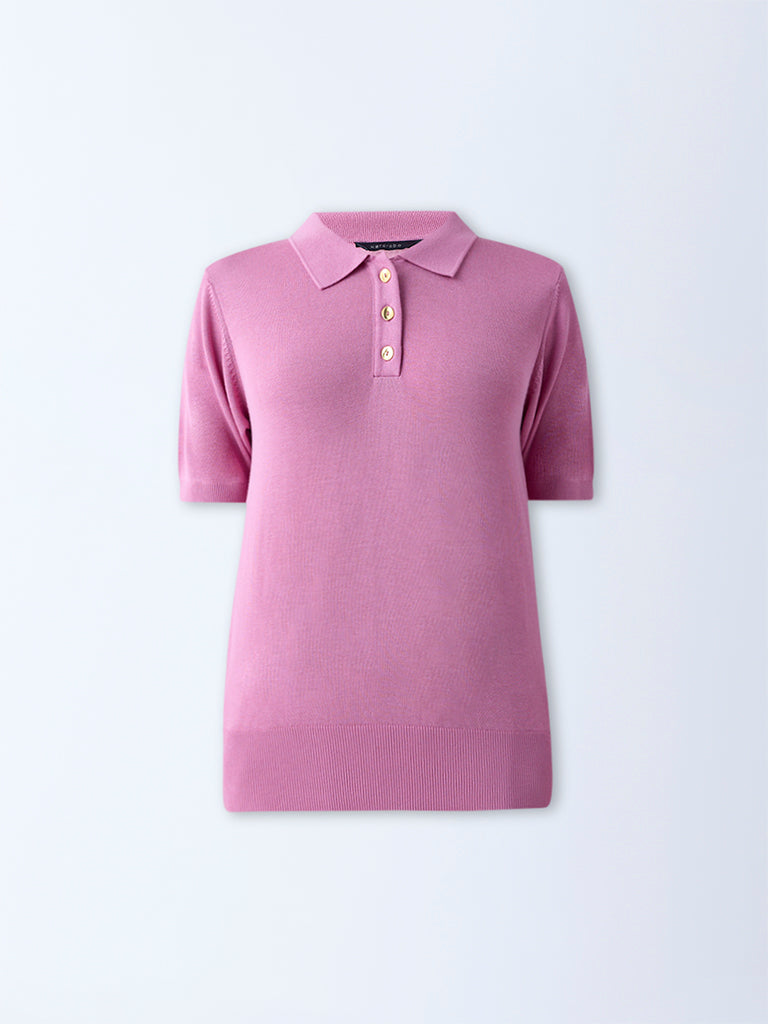 Westside Wardrobe Women's Pink Knit-Textured Polo T-Shirt for Work Wear Flatly