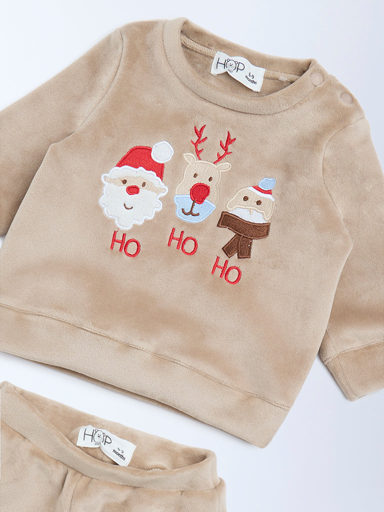 HOP Baby Boys Beige Christmas-Themed Sweatshirt and Pants Set