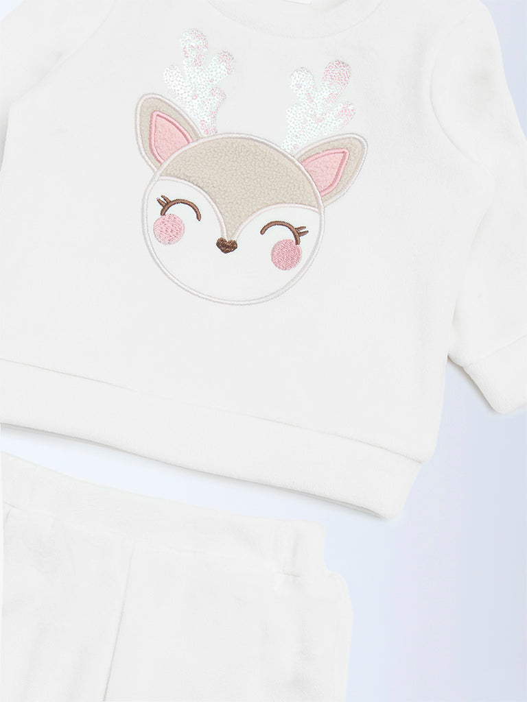 HOP Baby Girls White Embroidered Sweatshirt and Joggers Set