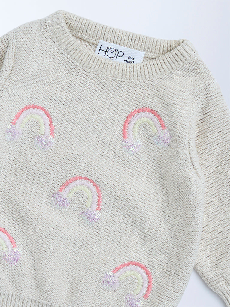 HOP Baby Girls Beige Rainbow Design Cotton Sweater