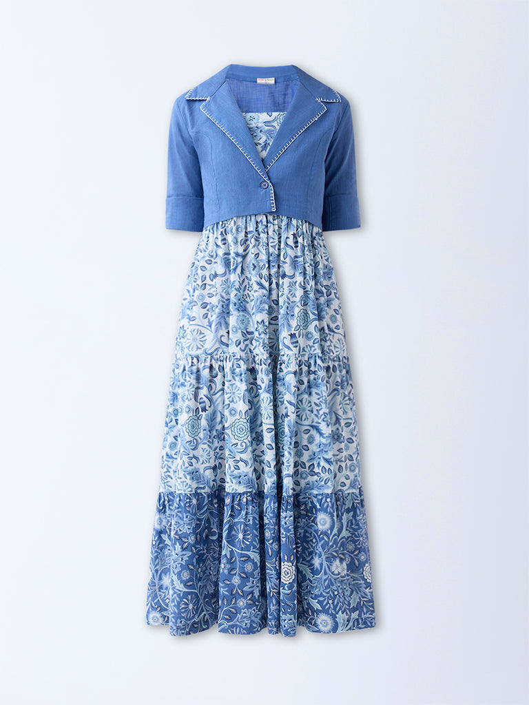 Westside Bombay Paisley Women's Blue Floral Cotton Tiered Dress with Jacket for Everyday Flatly