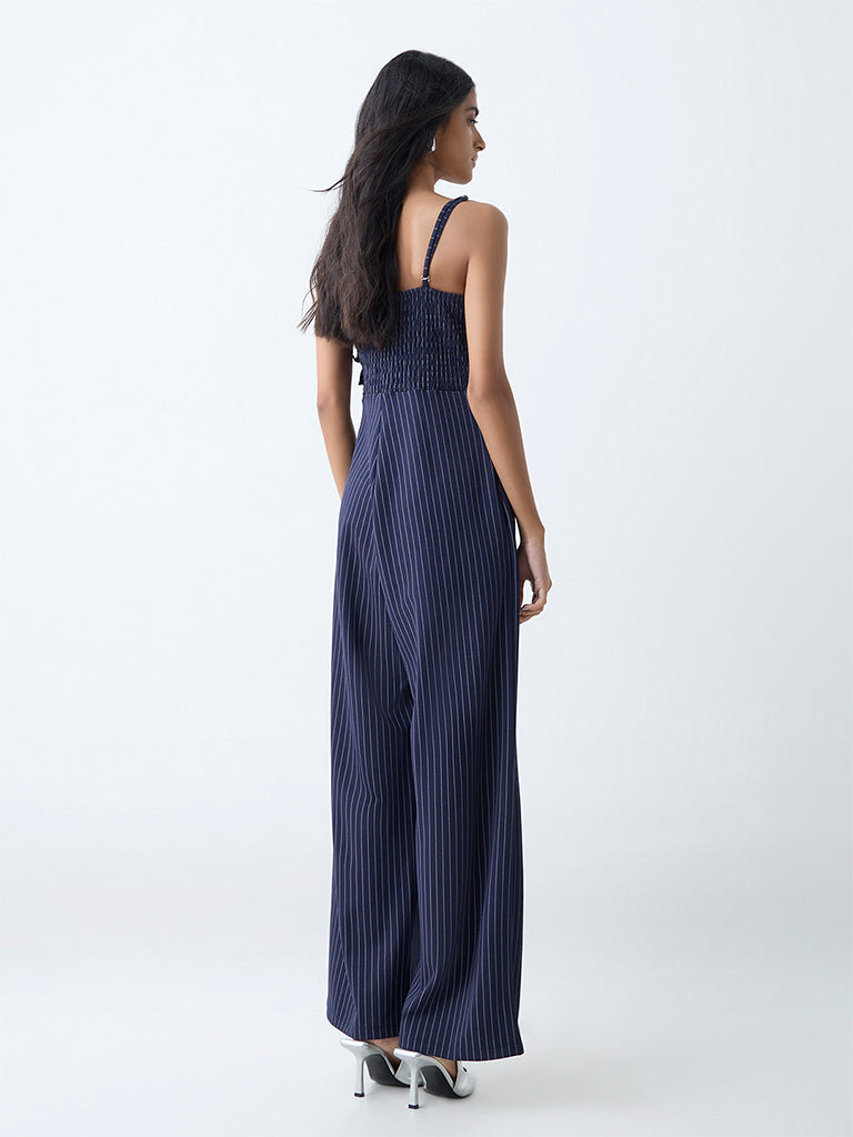 Westside Nuon Women's Navy Pinstripe Detailed Jumpsuit for Casual Wear Back View