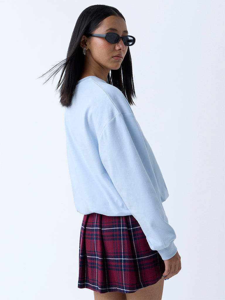 Westside Nuon Women's Light Blue Teddy Printed Cotton Sweatshirt for Winter Wear Back View
