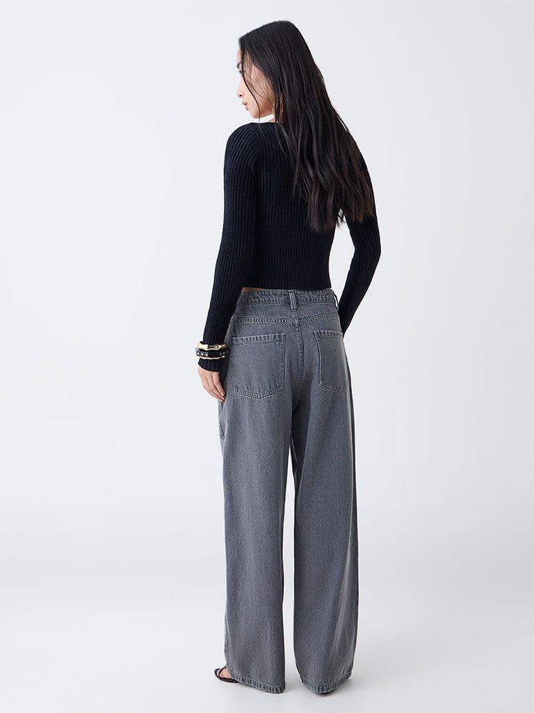 LOV Black Ribbed-Textured Top