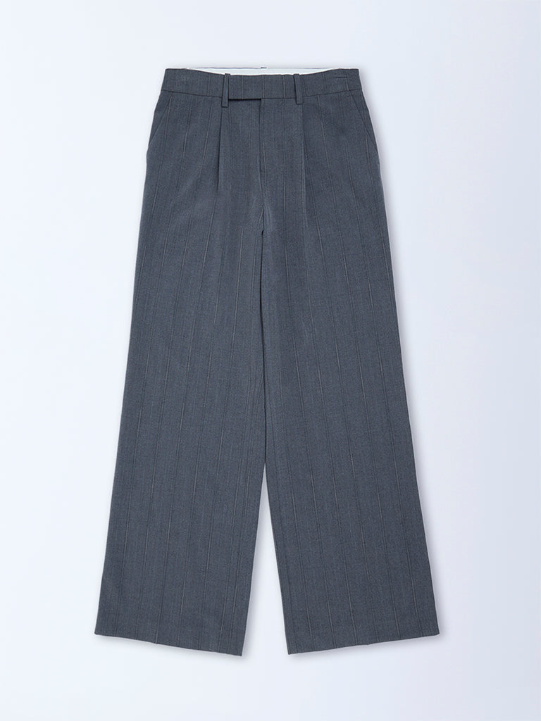 Wardrobe Grey Self-Striped High-Rise Trousers