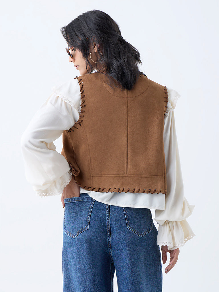 Westside LOV Women's Tan Suede Jacket for Casual Wear Back View