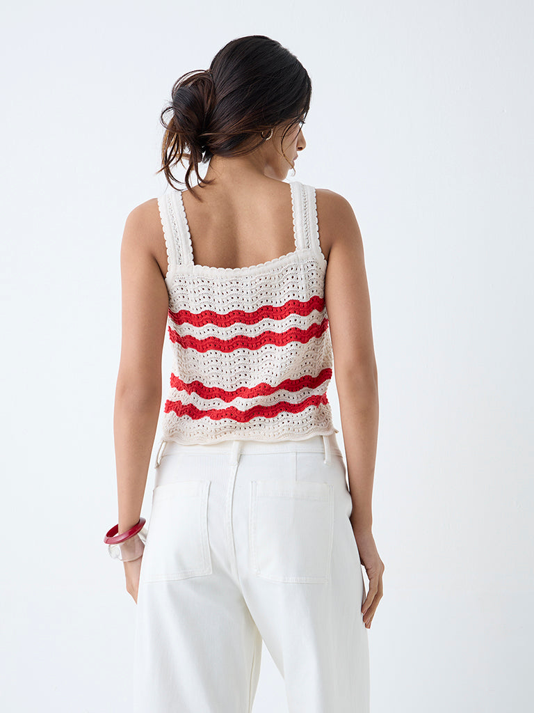 Westside LOV Women's White Knit-Textured Cotton-Blend Top for Casual Wear Back View