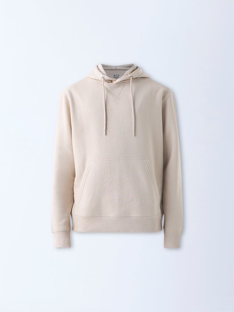 WES Casuals Beige Solid Relaxed-Fit Cotton-Blend Hoodie