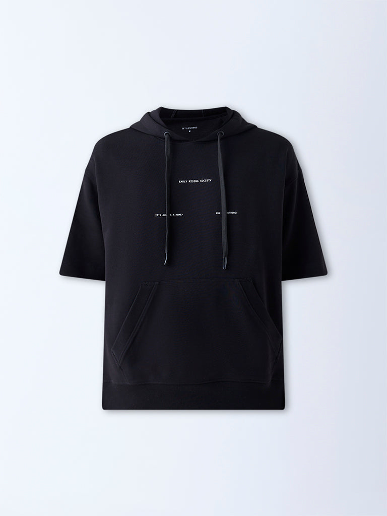 Nuoflexx Black Typographic Relaxed-Fit Cotton-Blend Hoodie