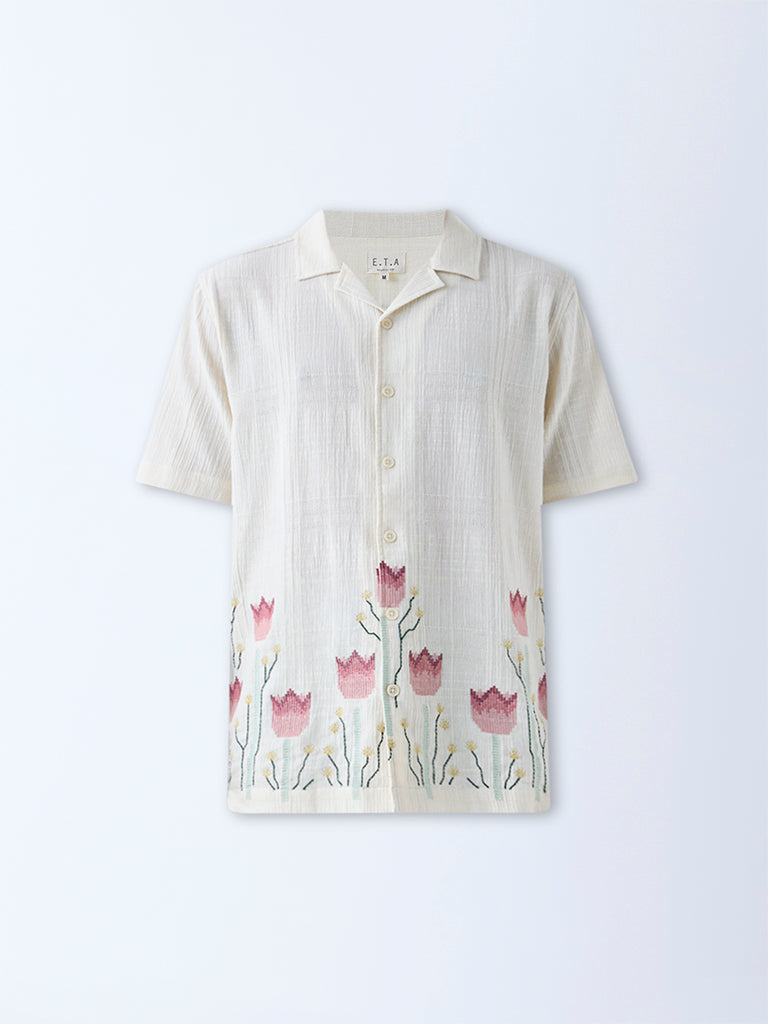 Westside ETA Men's Off-White Floral Embroidered Relaxed-Fit Cotton Shirt for Casual Wear Flatly