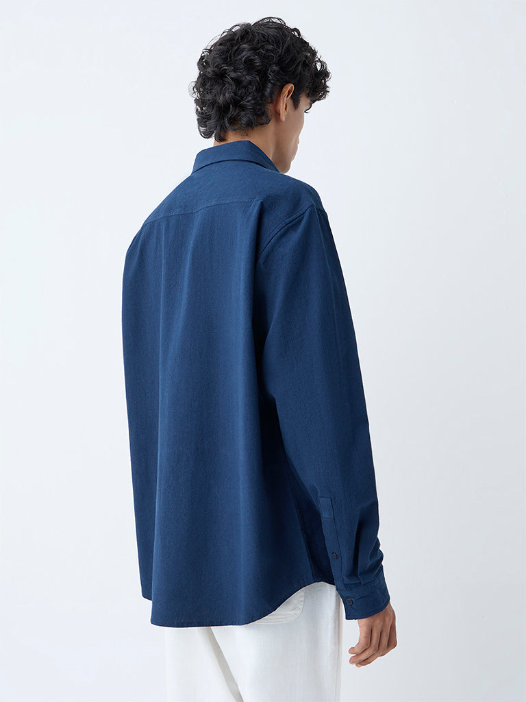 Westside ETA Men's Navy Solid Relaxed-Fit Cotton Shirt for Casual Wear Back View