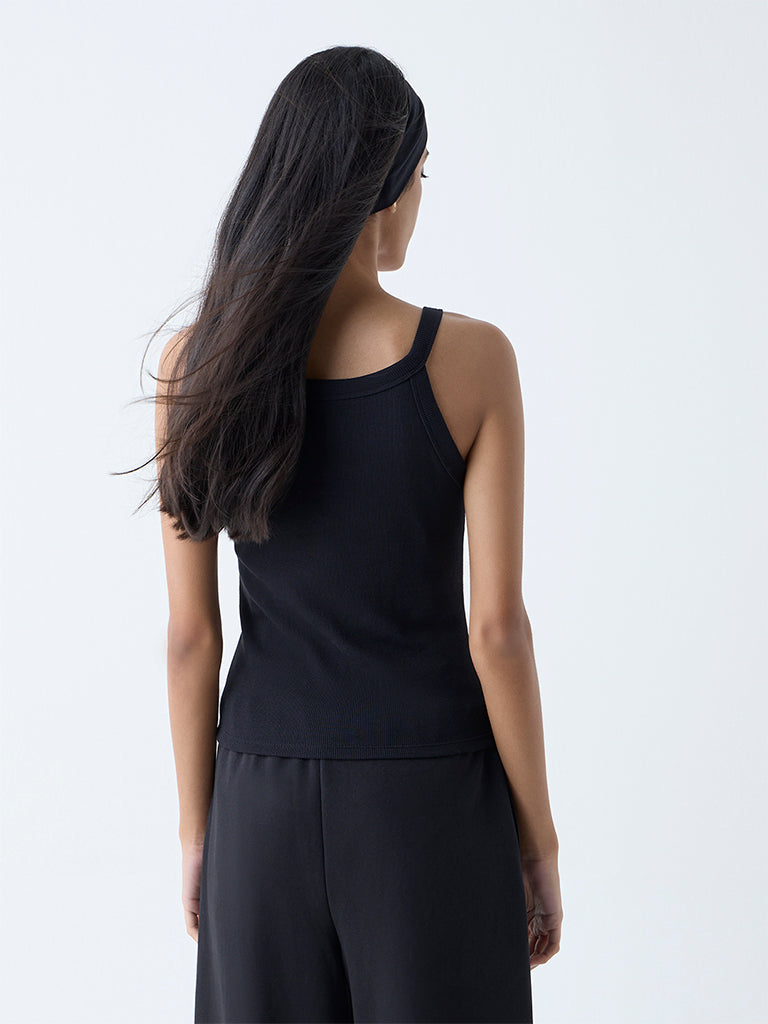 Westside Studiofit Women's Black Ribbed-Textured Cotton-Blend Tank Top for Sports Wear Back View