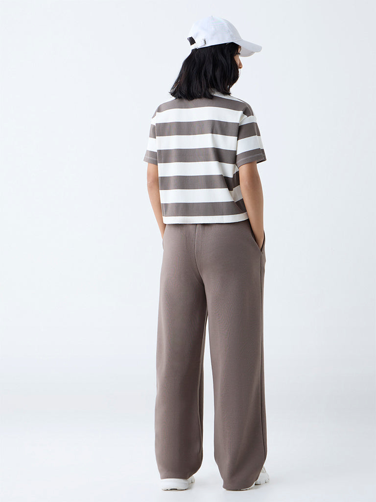 Westside Studiofit Women's Brown Striped Cotton-Blend T-Shirt for Sports Wear Back View