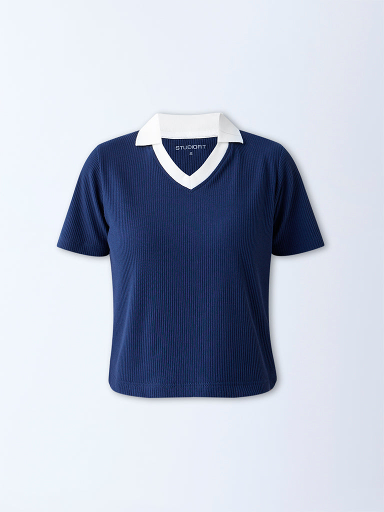 Westside Studiofit Women's Navy Ribbed-Textured T-Shirt for Sports Wear Flatly