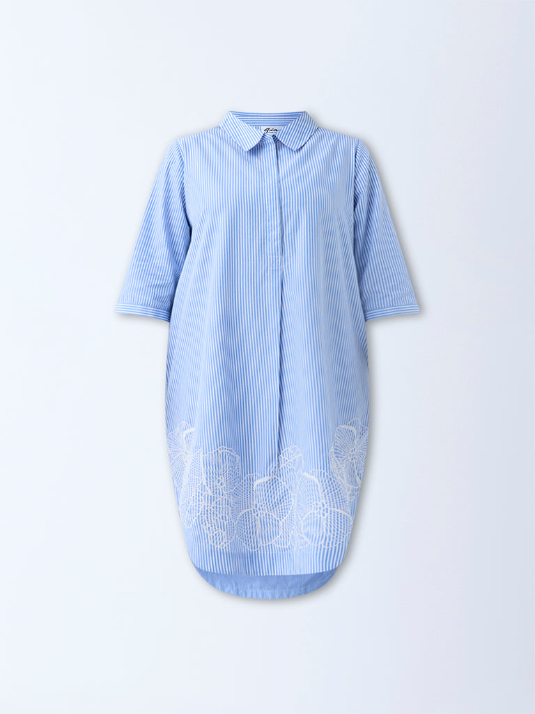 Westside Gia Women's Blue Striped Cotton Tunic Dress for Casual Wear Flatlay
