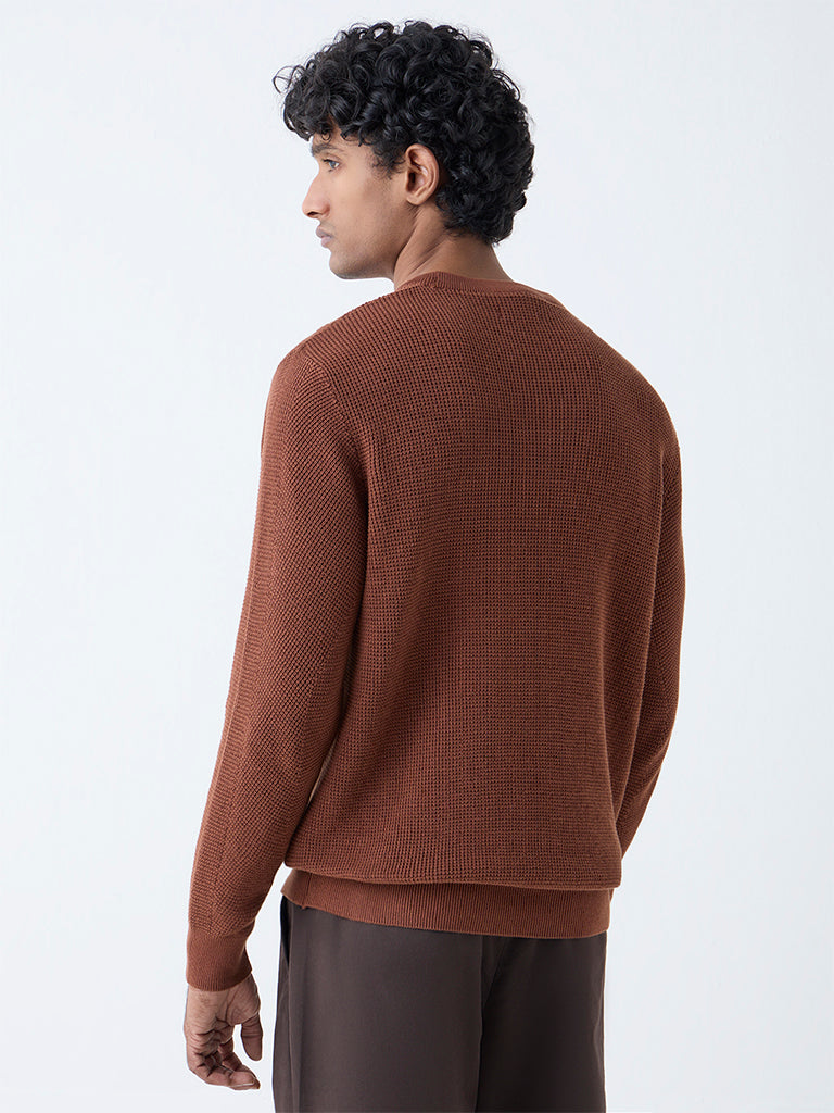Westside Ascot Men's Brown Knit-Textured Relaxed-Fit Cotton Sweater for Winter Wear Back View