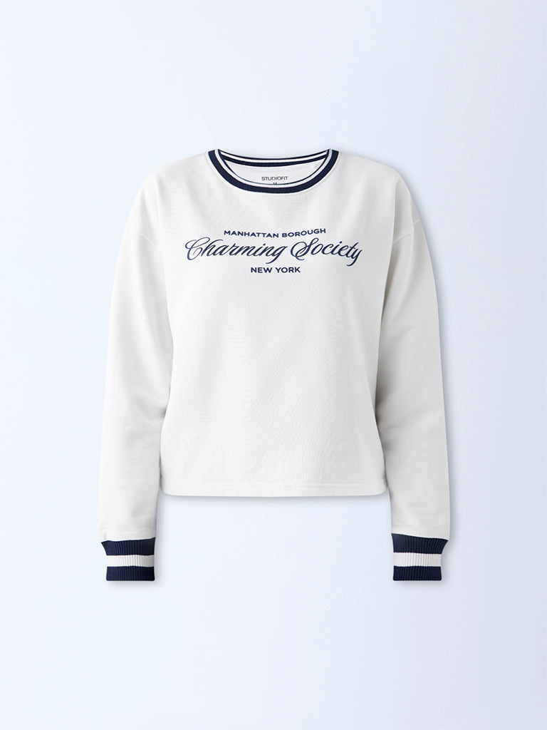 Westside Studiofit Women's Cream Text Detailed Cotton Sweatshirt for Winter Wear Flatlay