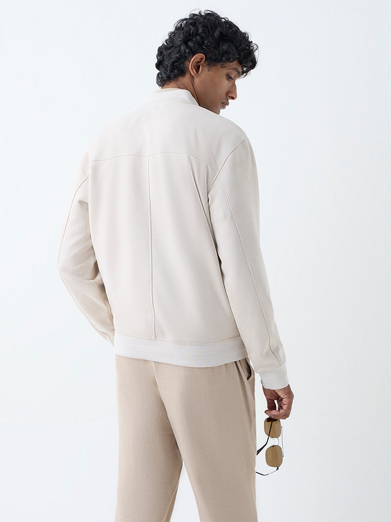 Westside Ascot Men's Off-White Solid Relaxed-Fit Suede Jacket for Casual Wear Back View