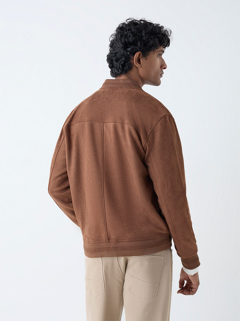 Westside Ascot Men's Tan Solid Relaxed-Fit Suede Jacket for Casual Wear Back View