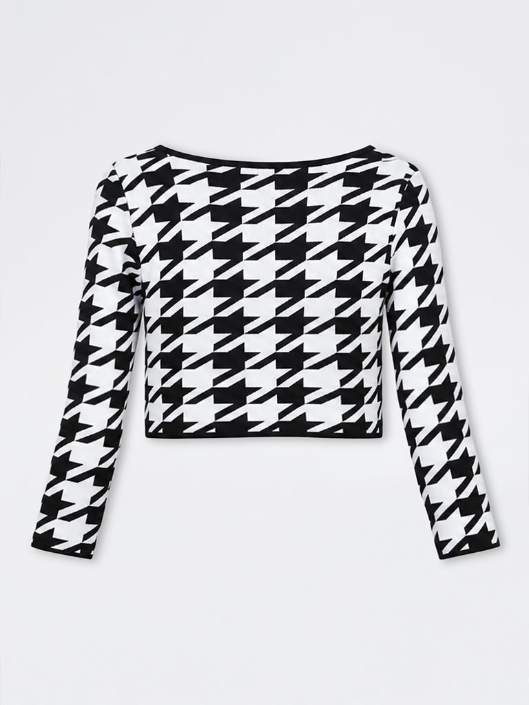 Nuon Black and White Houndstooth Printed Tie-Up Cardigan
