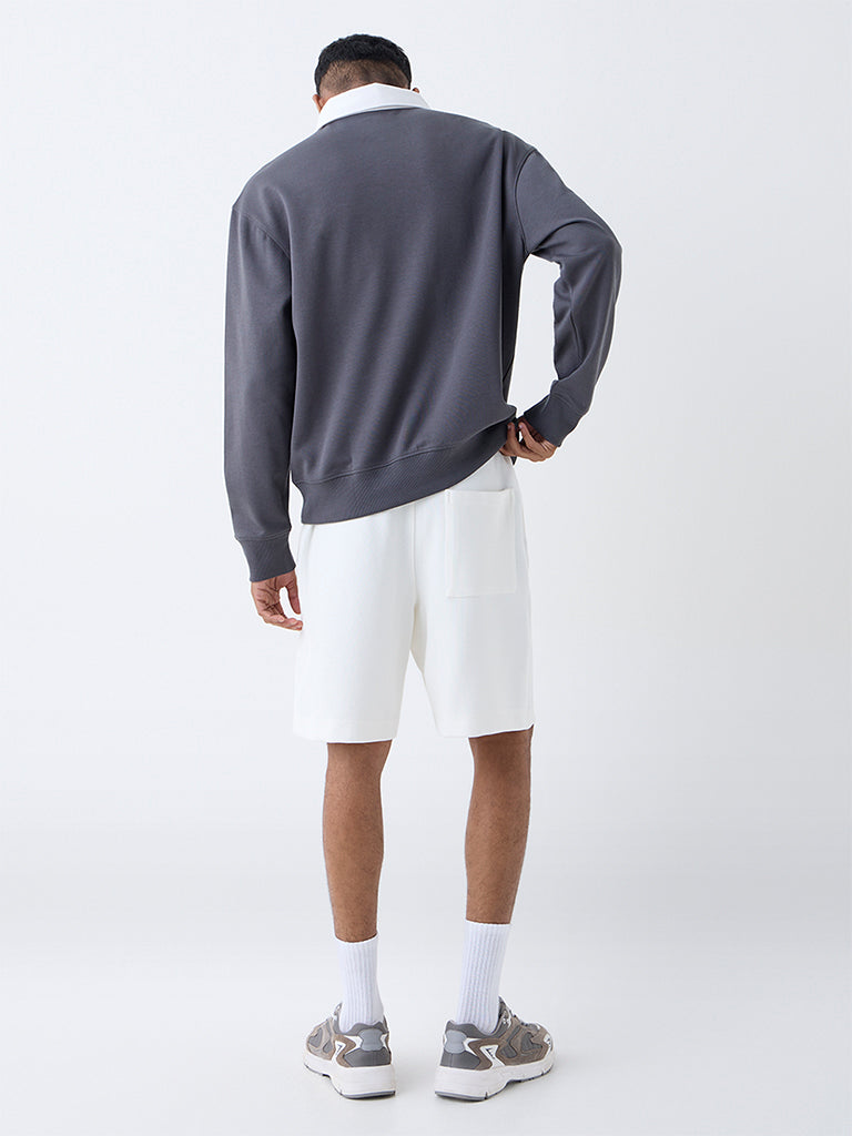 Studiofit Grey Text Detailed Relaxed-Fit Polo T-Shirt