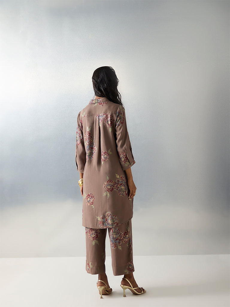 Utsa Brown Floral Printed A-Line Kurta